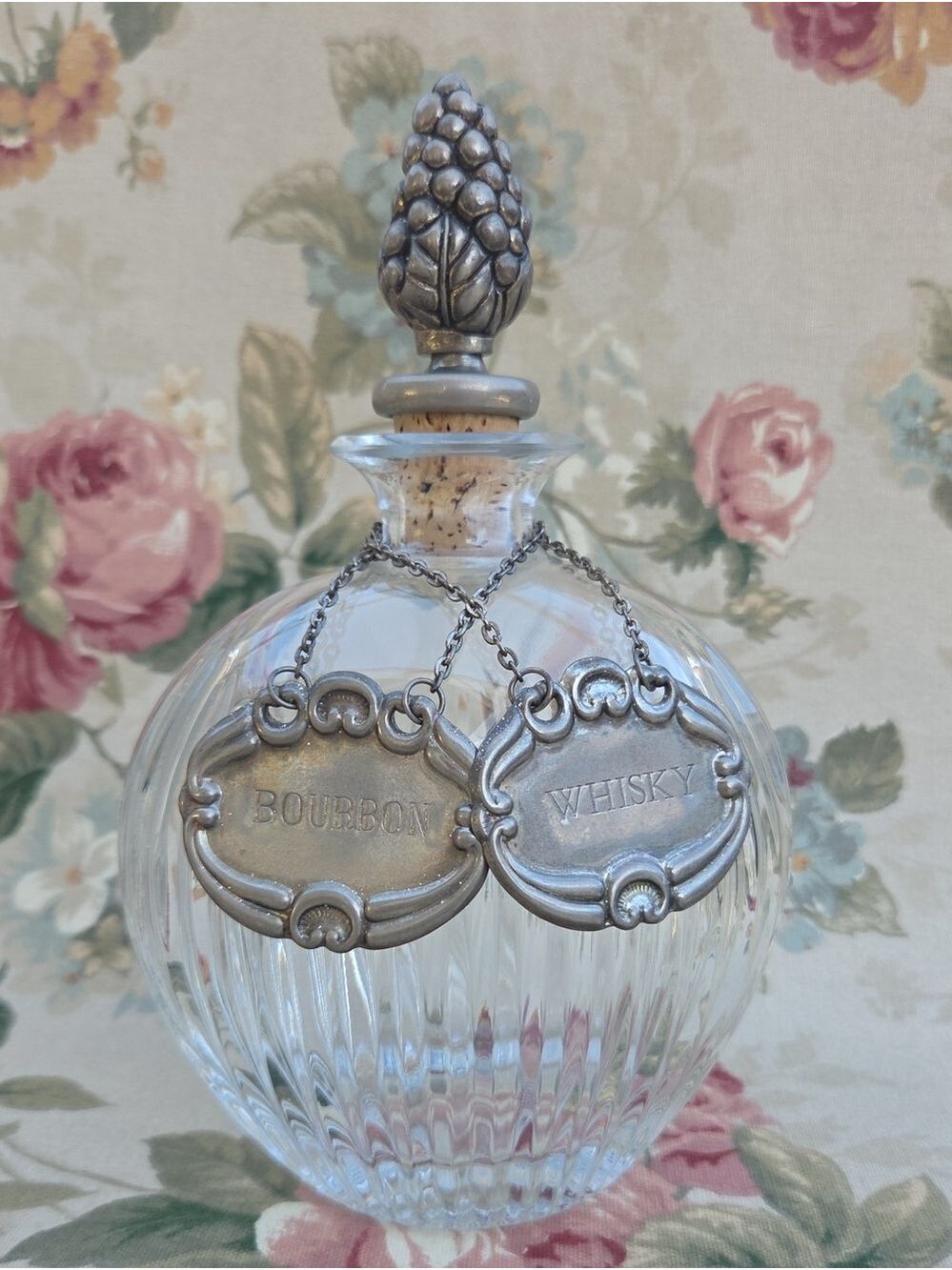 Vintage Glass Spirit Decanter with Silver Tone Labels - Clear